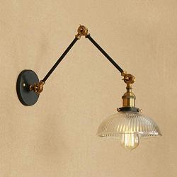 KWOKING Lighting Adjustable Wall Sconce Industrial Wall Sconce Lighting 2 Swing Arms Wall Sconce lamp with Dome Shade Vintage Ribbed Glass Light for Living Room, Bedroom, Dining Room (Black)