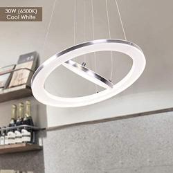 CHYING Modern LED Pendant Light with Acrylic Shade 2-Ring 30W Cool White 6500K Ceiling Light 2400LM Chandelier Adjustable Pendant Hanging Light Fixture for Kitchen Island Living Dining Room Restaurant