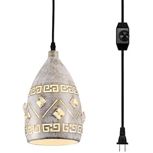LBTSMUK White Crystal Swag Lights with 16 Plug-in FT Cord & On/ Off Dimmer Switch, Metal Hanging Pendant Light, Rustic Hanging Lamps for Kitchen Island Living Room Hallway