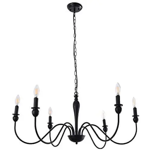 PUMING 6 Lights Black Farmhouse Chandelier,Mid-Century Candle Chandeliers Ceiling Light Fixture Rustic Pendant Lighting for Dining Room Foyer Restaurant