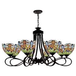 LITFAD 8 Lights Pendant Light Tiffany Stained Glass Dragonfly Patterned Chandelier in Wrought Iron Style 110V-120V Ceiling Hanging Light for Coffee Shop Restaurant Dining Room Living Room