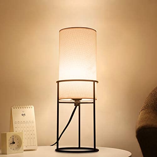 Modern Desk Lamp with Cylinder Fabric Shade, White Bedside Nightstand Table Lamp for Bedroom Living Room End Table Kids Room