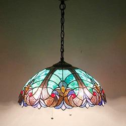 Tiffany Hanging Lamp W16H40 Inch Pendant Light Green Stained Glass Liaison Shade Chandelier Ceiling Fixture S160G WERFACTORY Decorate Dining Room LivingRoom Bedroom Study Office Cafe Bar Hallway Loft