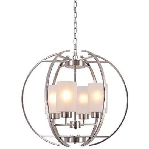 Farmhouse Chandelier Light Fixture 4-Light Ceiling Flush Mount, Brushed Nickel Finish，Matte Glass Shades ,for Dining & Living Room, Kitchen Island and Entryway Contemporary Sphere Bedroom Chandeliers