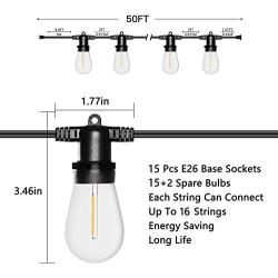 BBE 50FT Patio String Light Outdoor Waterproof Commercial Grade with Edison Vintage Bulbs 15 Hanging Sockets Heavy-Duty Extendable Cord Plug in for Bistro Pergola Backyard Christmas Decorative