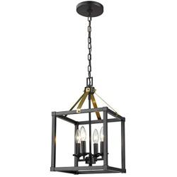 EAPUDUN 4-Light Lantern Pendant Light, Dining Room Chandelier Cage Hanging Ceiling Light, Matte Black&Brass Finish, PDA1275-MBK