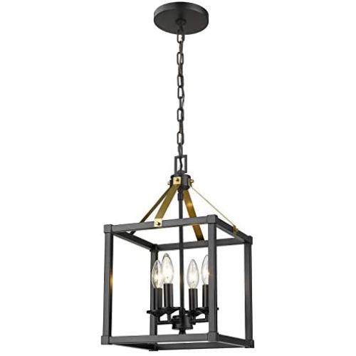 EAPUDUN 4-Light Lantern Pendant Light, Dining Room Chandelier Cage Hanging Ceiling Light, Matte Black&Brass Finish, PDA1275-MBK