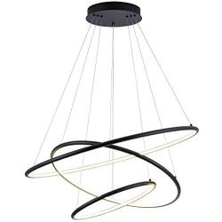 SUNMOO LED Pendant Light Modern Chandelier Led 3-Ring Adjustable Hanging Chandelier Light for Ding Room Kitchen Living Room Bedroom 3000K Warm Light 100W (Black)