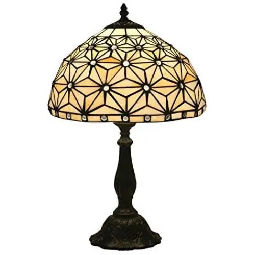 Tiffany Style 12 Inch Table Lamp, Stained Glass Lampshade Desk Lighting with Crystal Beads, Bedroom, Living Room, Study Room Reading Light, No Bulb,Resin Base