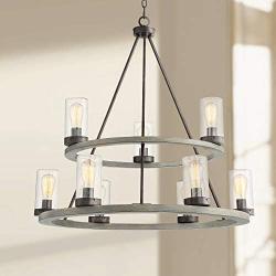 Lillian Gray Wood Bronze Large Wagon Wheel Chandelier 32'' Wide Farmhouse Industrial Two Tier Clear Seeded Glass Shades 9-Light Fixture for Dining Room House Island Entryway - Franklin Iron Works