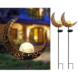 Joyathome Garden Solar Stake Lights Pathway Outdoor Moon Crackle Glass Globe Stake Metal Lights,Waterproof Warm White LED for Lawn,Patio or Courtyard