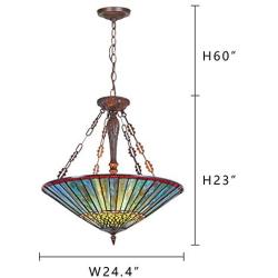 Capulina Tiffany Dining Table Lights, 3-Light Hanging Tiffany Style Lamp, Stained Glass Dining Room Lights, 24.4 Inches Wide Large Tiffany Inverted Ceiling Pendant Light for Foyer Living Room.