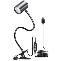 Clip on Reading Light, 3000K - 6500K Clamp Desk Lamp, 10-Levels Brightness LED Light, Eye Protect 360° Flexible Gooseneck Book Light for Desk Bedside Headboard, USB Powered (Black)