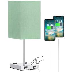 USB Touch Control Table Lamp, Aooshine 3 Way Touch Control Bedside Lamp with Dual USB Charging Ports & Dual 2-Pin Outlet, Green Lampshade and Sliver Base, E26 Base 2700K Warm White LED Bulb Included