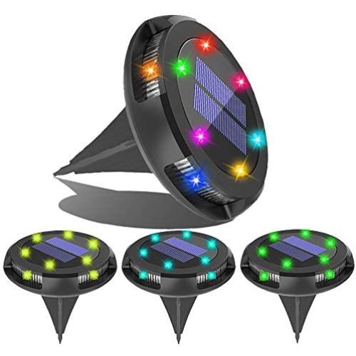 Solar Ground Lights Outdoor - Solar Garden Disk Lights,Multi-Color Auto-Changing 10 LED Waterproof In-Ground Outdoor Landscape Lighting for Lawn Patio Pathway Yard Deck Walkway Flood Light (4 Pack)