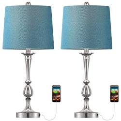 Oneach USB Table Lamp Set of 2 Modern Bedside Night Lamp with USB Port for Living Room Bedroom Nickle Finish Blue Shade