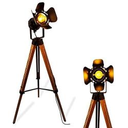 Modern Industrial Vintage Tripod Floor Lamp - Wooden Nautical Cinema Searchlight - Spotlight Reading Light for Living Room and Office Movie Theatre Decoration Adjustable Height (excluding Bulb)