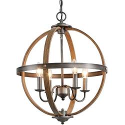 KSANA Farmhouse Chandeliers for Dining Rooms, 4 Lights Metal Dining Room Lighting Fixtures Ceiling Hanging, Orb Foyer Chandelier Lighting for Bedroom and Living Room, Faux Wood & Silver Brushed Finish