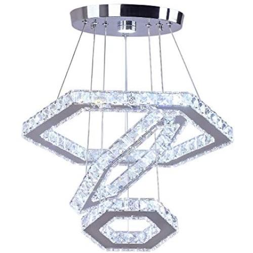Cainjiazh Crystal Chandeliers 3 Ring Led Modern Ceiling Lighting Fixture Adjustable Stainless Steel Hanging Pendant Light for Bedroom Living Room Dining Room Hallway Bar