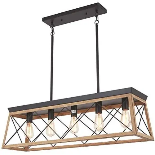 bgLight Farmhouse Kitchen Island Light, 5-Light Distressed White Wood Finish Rustic Dining Table Chandelier Ceiling Light Hanging for Dining Room, Kitchen Island - Grain Brown Wood Finish