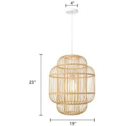 BAYCHEER Asian Cylinder Pendant Light Adjustable Cord Woven Natural Wooden Handcraft Pendant Lighting in Wood Rustic Ceiling Lamp Chandelier Fixture for Dining Room Living Room Restaurant,19.5