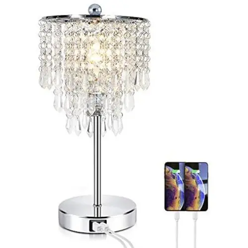 Touch Control Crystal Table Lamp with Fast Dual USB Charging Ports, 3-Way Dimmable Bedside Lamp, Nightstand Lamp for Living Room, Bedroom, Guest Room (E26 Edison Bulb Included)