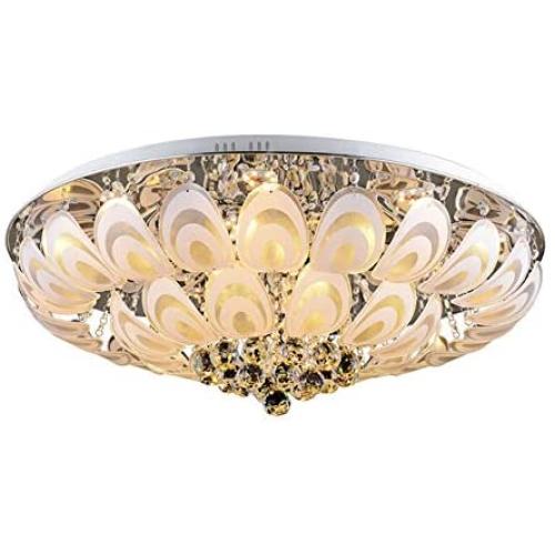 Panda Lighting Round K9 Crystal Ceiling Light LED Colorful Dimmable Light Remote Control Chandelier Peacock Feather Leaf Crystal Pendant Lamp for Dining Room Living Room Bedroom