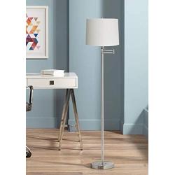 Modern Floor Lamp Swing Arm Brushed Nickel White Hardback Drum Shade for Living Room Reading Bedroom - 360 Lighting