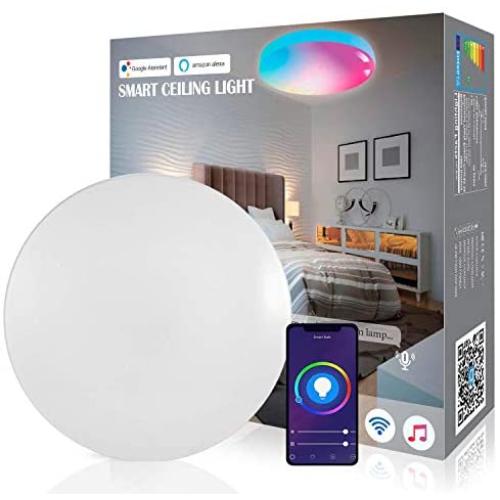 Boxlood Smart Flush Mount Ceiling Light Compatible with Alexa Echo Google Home, Bluetooth, 2.4Ghz WiFi,24W 2400LM Sync to Music, Color Changing, Dimmable Ambient Light for Bedroom Living Room, 16inch