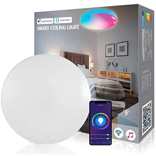 Boxlood Smart Flush Mount Ceiling Light Compatible with Alexa Echo Google Home, Bluetooth, 2.4Ghz WiFi,24W 2400LM Sync to Music, Color Changing, Dimmable Ambient Light for Bedroom Living Room, 16inch