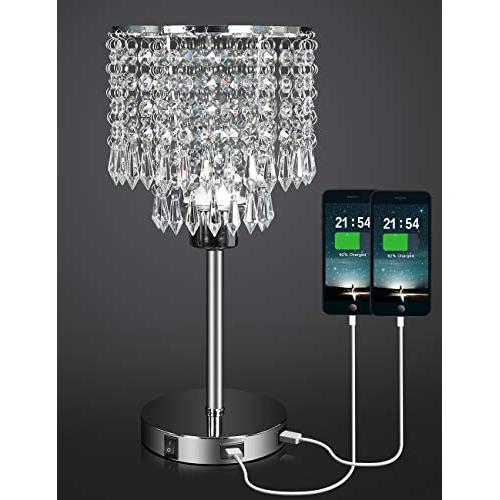 Silver Crystal Bedside Table Lamp with Dual USB Charging Port, Acaxin Nightstand Lamp with Elegant Shade, Decorative Desk Lamp for Bedrooms/Living Room/Dining Room/Kitchen (Without Bulb)