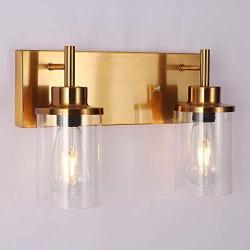 Brass Wall Sconce 2 Light, Bathroom Vanity Light Fixtures Over Mirror Modern Sconces Wall Lighting Gold for Hallway Bedroom Living Room Kitchen with Clear Glass Shade