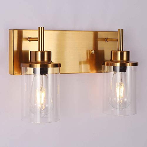 Brass Wall Sconce 2 Light, Bathroom Vanity Light Fixtures Over Mirror Modern Sconces Wall Lighting Gold for Hallway Bedroom Living Room Kitchen with Clear Glass Shade