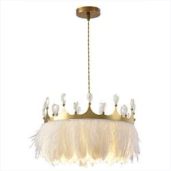 BOKT Nordic Style Chandelier with White Feather Crown Chandelier Modern Metal LED Pendant Lighting Crystal Ceiling Hanging Light for Bedroom Hotel Dining Room Living Room (35cm 13.8)