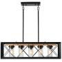 5-Light Industrial Kitchen Island Pendant Lighting, Unique Bevel Welding Rectangular Vintage Rustic Hanging Pendant Light Fixtures for Kitchen Bar Dining Room with Glass Shades (Bulb not Included)