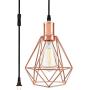 Cage Pendant Light Diamond Shape with Plug in 15Ft Braided Cord and Hanging Lamp with Morden Rose Gold Socket Swag Lighting for Kitchen Island Dining Room Bar Counter (Rose Gold, 1 Light)