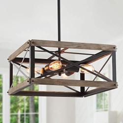GEPOW Farmhouse Cage Chandelier, Rustic Wood Square 4 Light Fixture for Dining Room, Living Room, Bedroom, Foyer and Kitchen Island