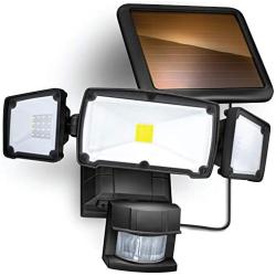 Home Zone Security Solar Motion Sensor Light - Outdoor Weatherproof Triple Head LED Security Flood Light, Black