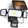 Home Zone Security Solar Motion Sensor Light - Outdoor Weatherproof Triple Head LED Security Flood Light, Black