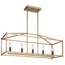 KSANA Gold Chandelier, Island Lights for Kitchen, 5-Light Modern Linear Chandeliers, 30” Large Metal Rectangle Light Fixture for Dining Room