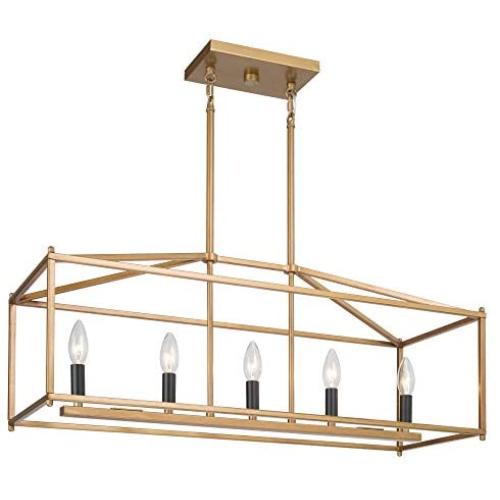 KSANA Gold Chandelier, Island Lights for Kitchen, 5-Light Modern Linear Chandeliers, 30” Large Metal Rectangle Light Fixture for Dining Room