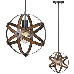 DEWENWILS Industrial Metal Pendant Hanging Light, Wood Grain Metal Spherical Cage Globe Vintage Ceiling Chandelier Foyer Light for Kitchen Island, Bedroom, Dining Hall Corridor Office, ETL Listed