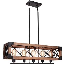 Kostomo Farmhouse Chandeliers Kitchen Island Lighting 5-lights Island Light Wood Metal Chandelier Rectangle Rustic Industrial Island Lamp Dining Room Lighting Fixtures Hanging