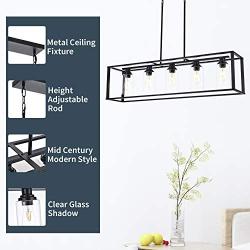 LUBURS  Kitchen Island Lighting - 5 Lights Chandelier,Black Pendant Lighting with Metal Adjustable Rods&Clear Glass Shade, Vintage Pendant Ceiling Lamp for Dining Room Kitchen Living Room Farmhouse