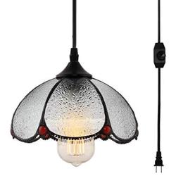 HMVPL Tiffany Style Pendent Ceiling Light with 16.4 Ft Plug in Cord and On/Off Dimmer Switch, Vintage Dome Shaped Swag Hanging Lamp for Kitchen Island, Dining Room or Living Room (8.3'' Width)