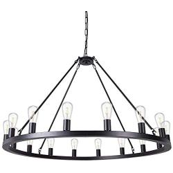 Wellmet Matte Black Wagon Wheel Chandelier 16-Light Diam 47 inch, Farmhouse Rustic Industrial Country Style Large Round Pendant Light Fixture for Dining Room, Living Room