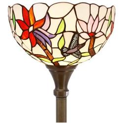 Tiffany Floor Lamp Torchiere Up Lighting W12H66 Inch Stained Glass Hummingbird Lampshade Antique Standing Iron Base 1E26 Foot Switch S801 WERFACTORY Lamps Living Room Bedroom Home Office Decoration