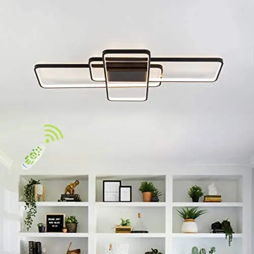 CHYING Dimmable Ceiling Light, Black Modern LED Flush Mount Light Fixture 3-Layer Rectangle Chandelier PVC Metal Lighting with Remote Control for Living Room Bedroom Study