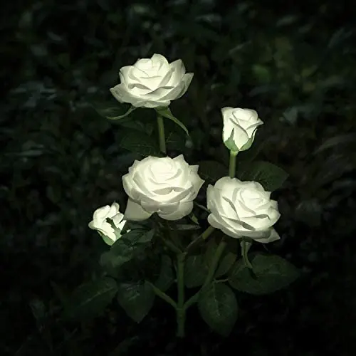 New Material Outdoor Realistic Solar Powered Rose Lights Flower Stake, for Garden Patio Yard Pathway Decoration, White