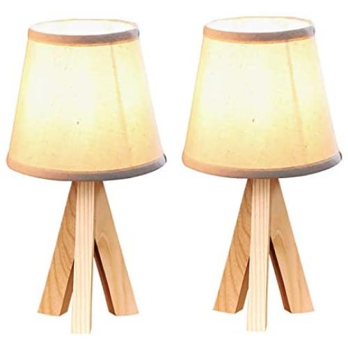 Porseme Bedside Table Lamps Wooden Tripod Small Night Lamps with Linen Shade Modern Side Lamp for Girl Room,Reading Room Nursery -Set of 2